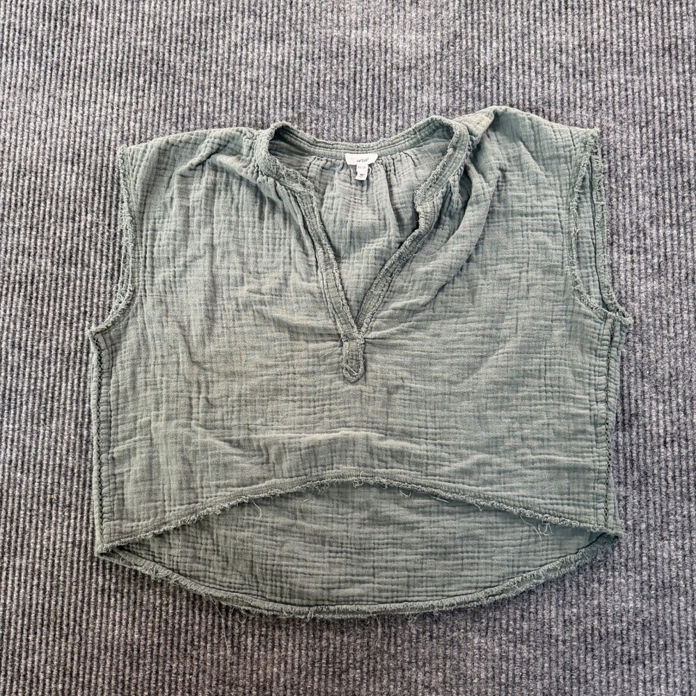 Aerie Sage Green Double Gauze Cotton Cropped Top Raw Hem Boho Sleeveless Size XS